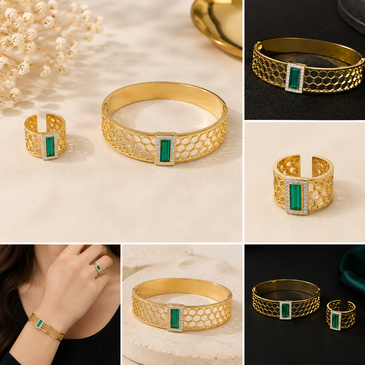 Emerald Luxe Gold Bracelet & Ring Set for Women | Zevra