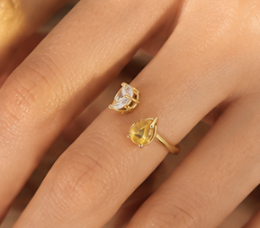 Golden Dewdrop Ring — Dual Crystal Open Ring for Women