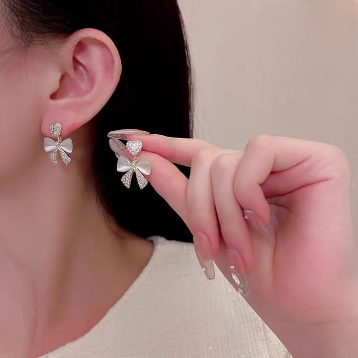 Heart Bow Zircon Korean Stud Earrings for Women