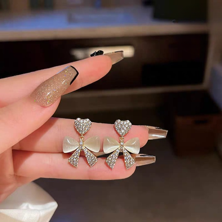 Heart Bow Zircon Korean Stud Earrings for Women