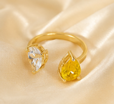 Golden Dewdrop Ring — Dual Crystal Open Ring for Women