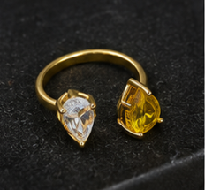 Golden Dewdrop Ring — Dual Crystal Open Ring for Women