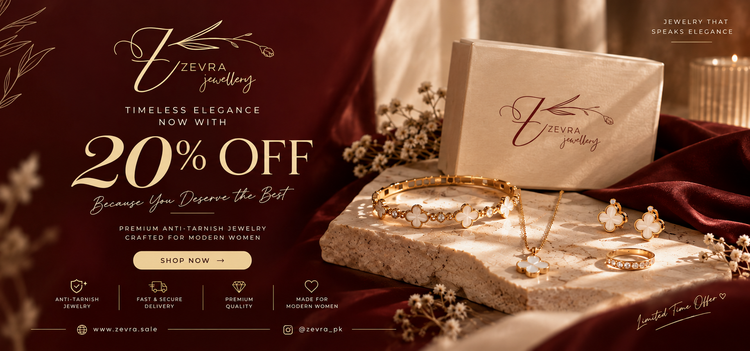 ZEVRA Jewellery 20% OFF: gold clover jewellery and ZEVRA gift box on burgundy velvet