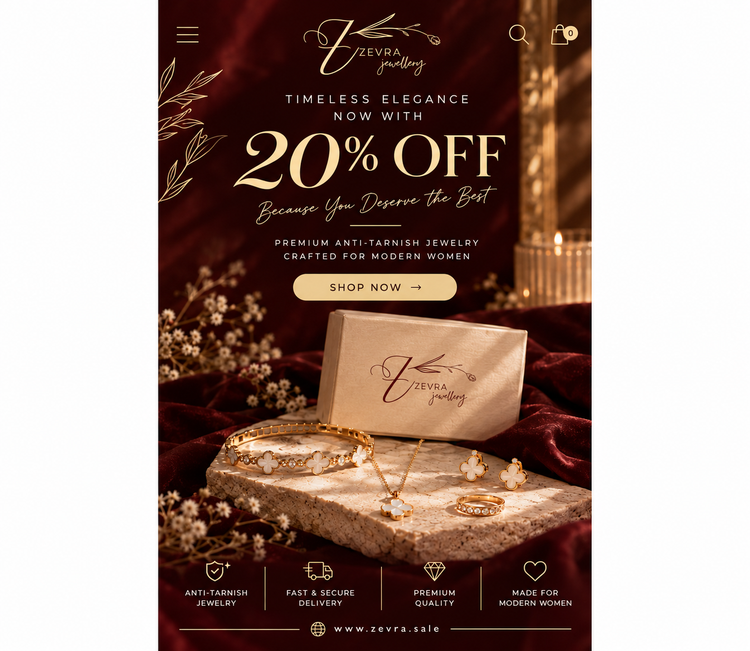 ZEVRA Jewellery: Timeless elegance now with 20% OFF, gold clover jewellery and ZEVRA gift box on burgundy velvet