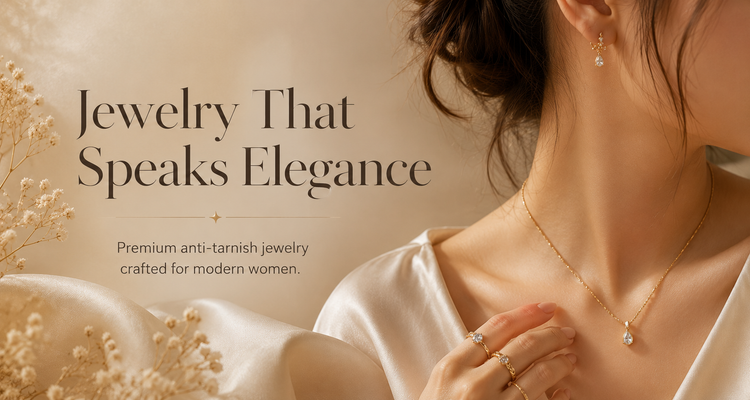 Woman wearing a ZEVRA gold necklace, earrings and rings